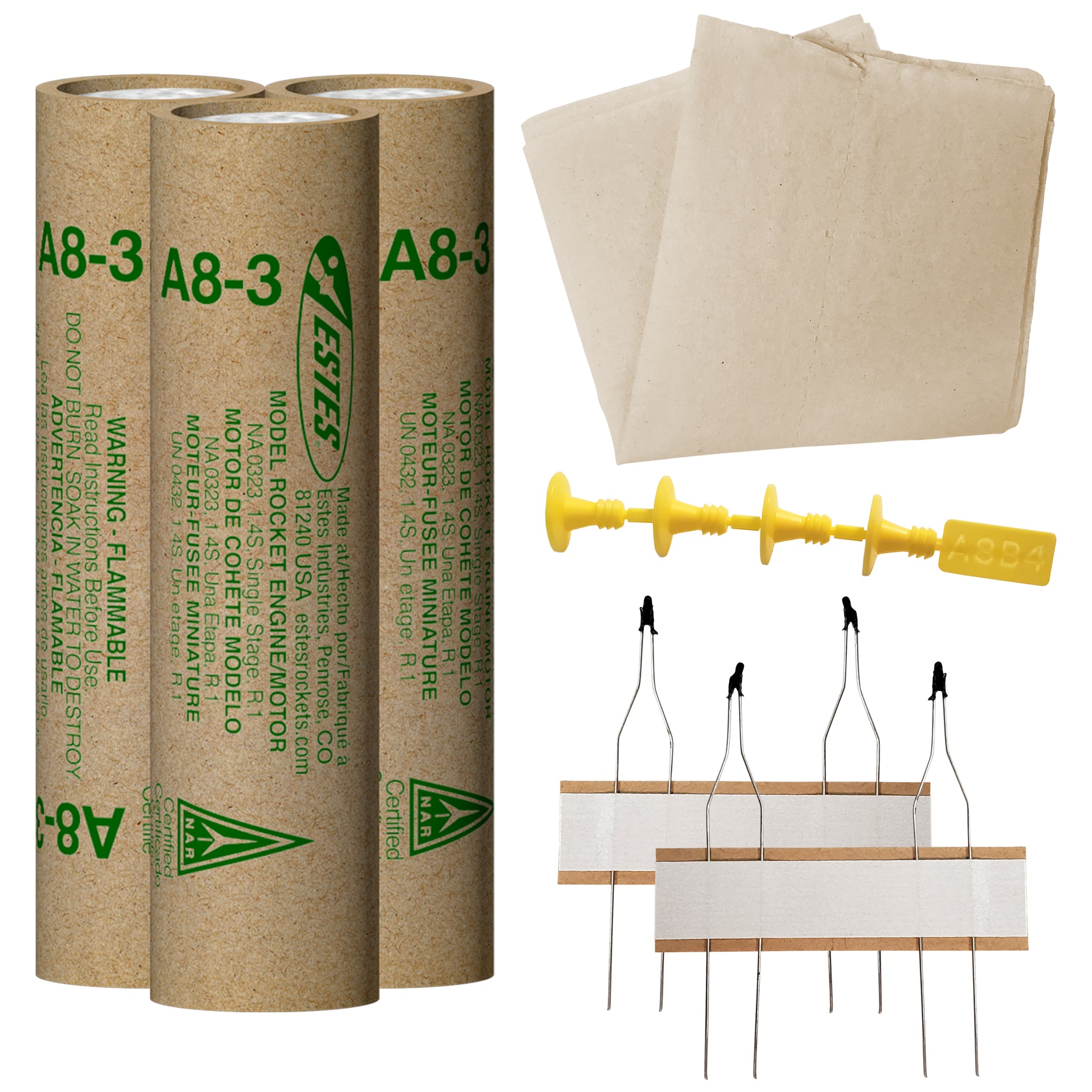 Estes A8-3 Flight Pack Model Rocket Engines with Recovery Wadding, Ignitors, Plugs
