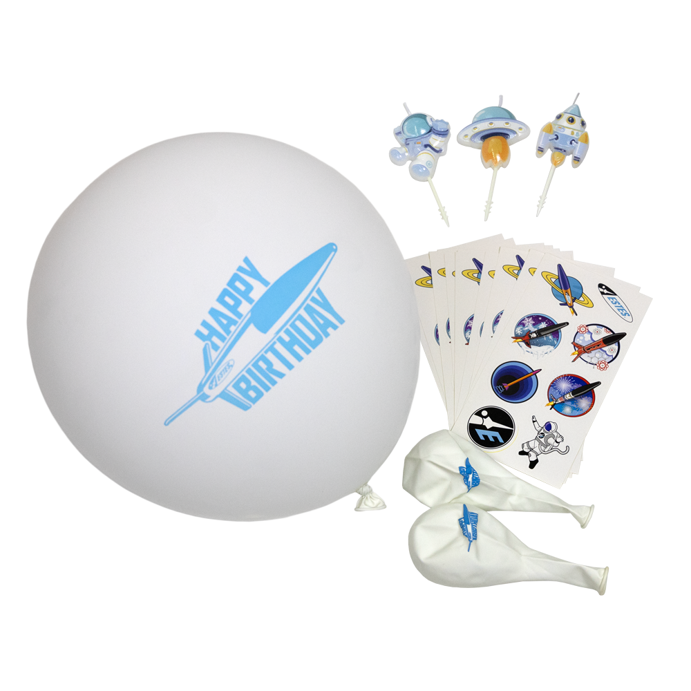 Rocket Themed Birthday Party Balloons and Stickers 