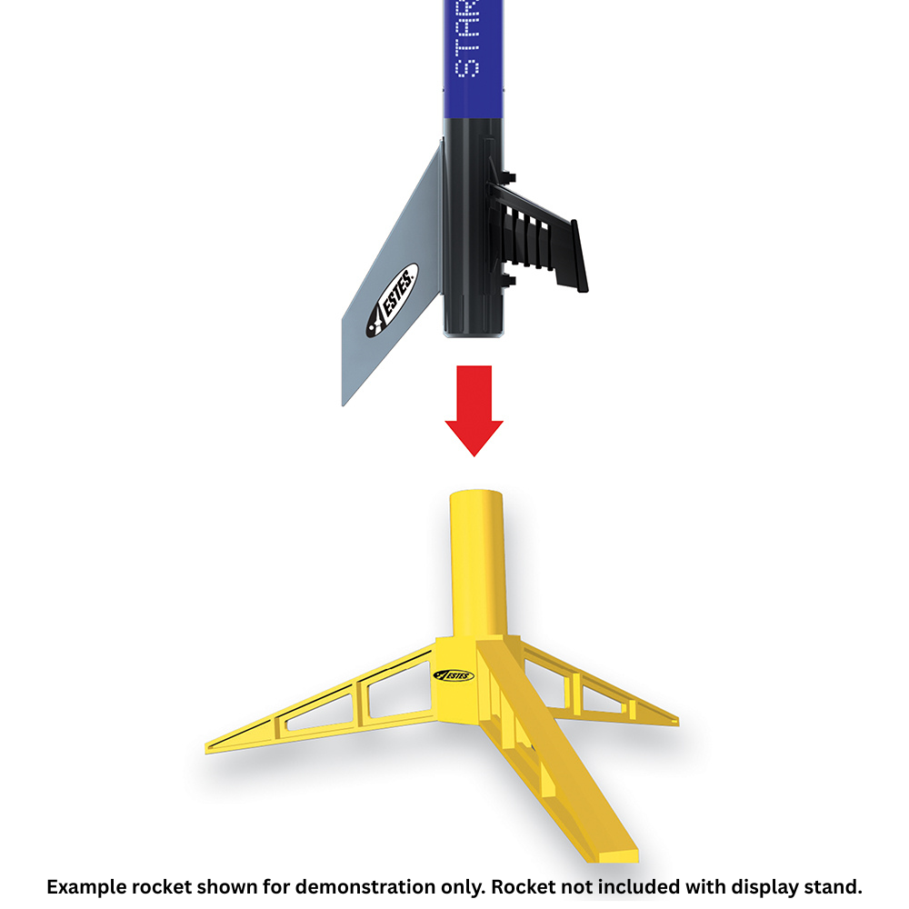 Model Rocket Display Stand with example rocket shown for demonstration. Rocket not included with display stand. 