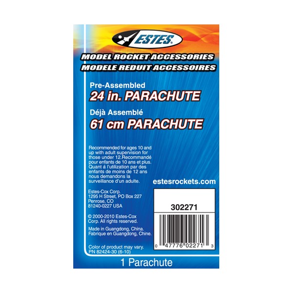 Estes 24 inch printed parachute package for model rocket recovery