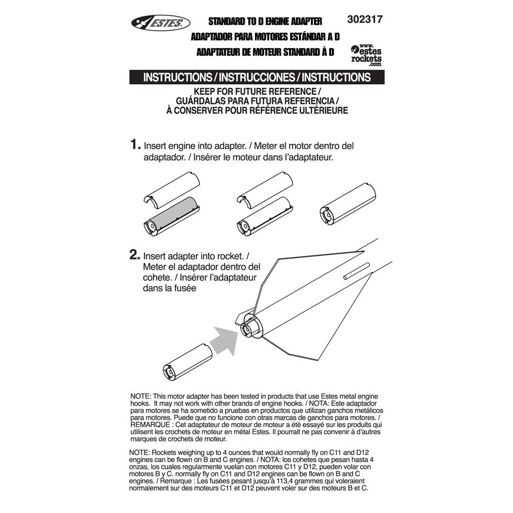 Estes Model Rocket Engine Adapters Standard to D Instructions