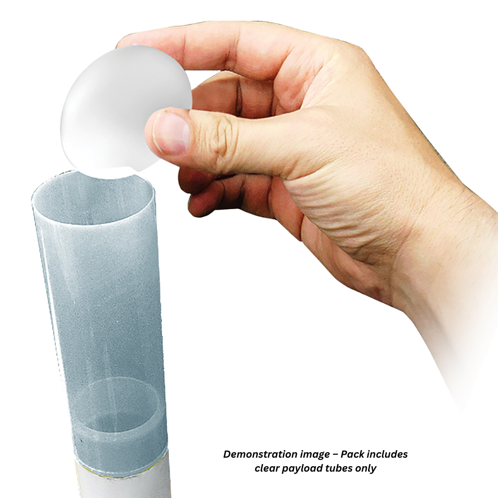 Hand placing an egg into a clear rocket payload tube as a demonstration — product includes clear payload tubes only.