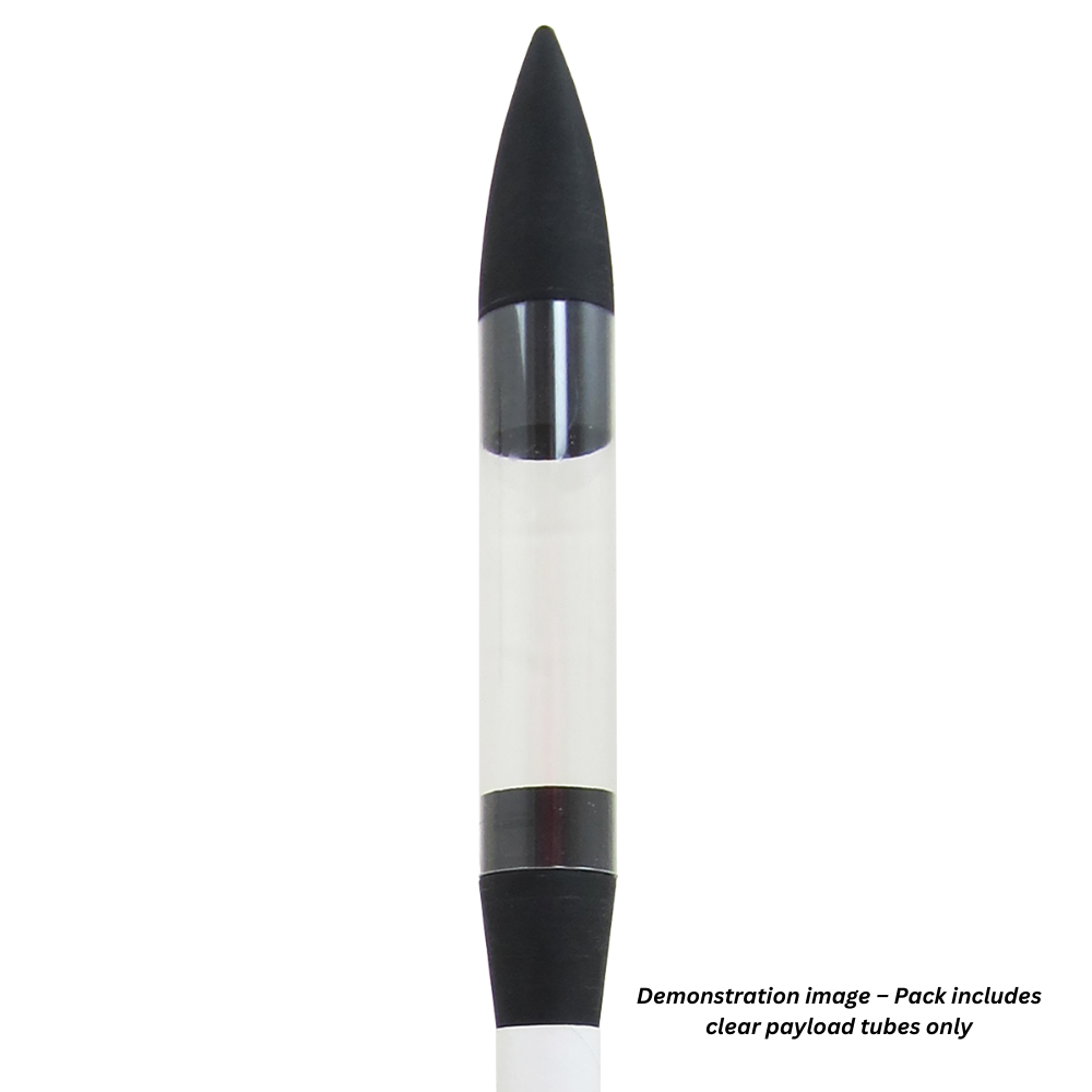 Model rocket with a clear payload tube section attached, shown as an example — product includes clear payload tubes only.