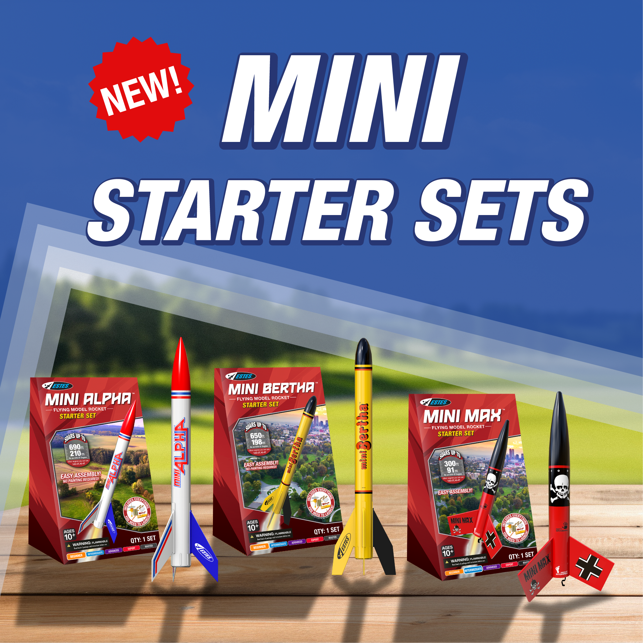 All New Estes Mini Model Rocket Starter Sets - Alpha, Bertha, and Der Red Max