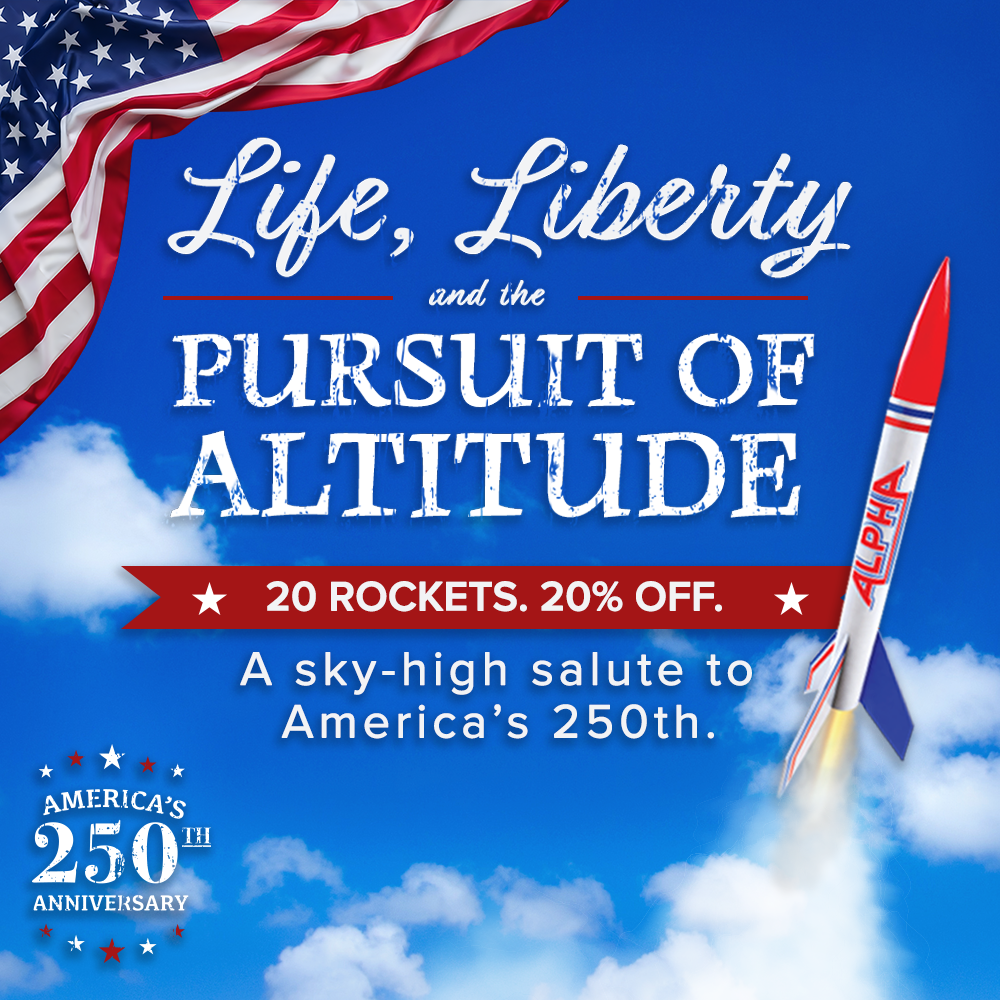 Estes Fourth of July Sale Banner - 20 Rockets. 20% Off. A sky-high salute to America's 250th. 