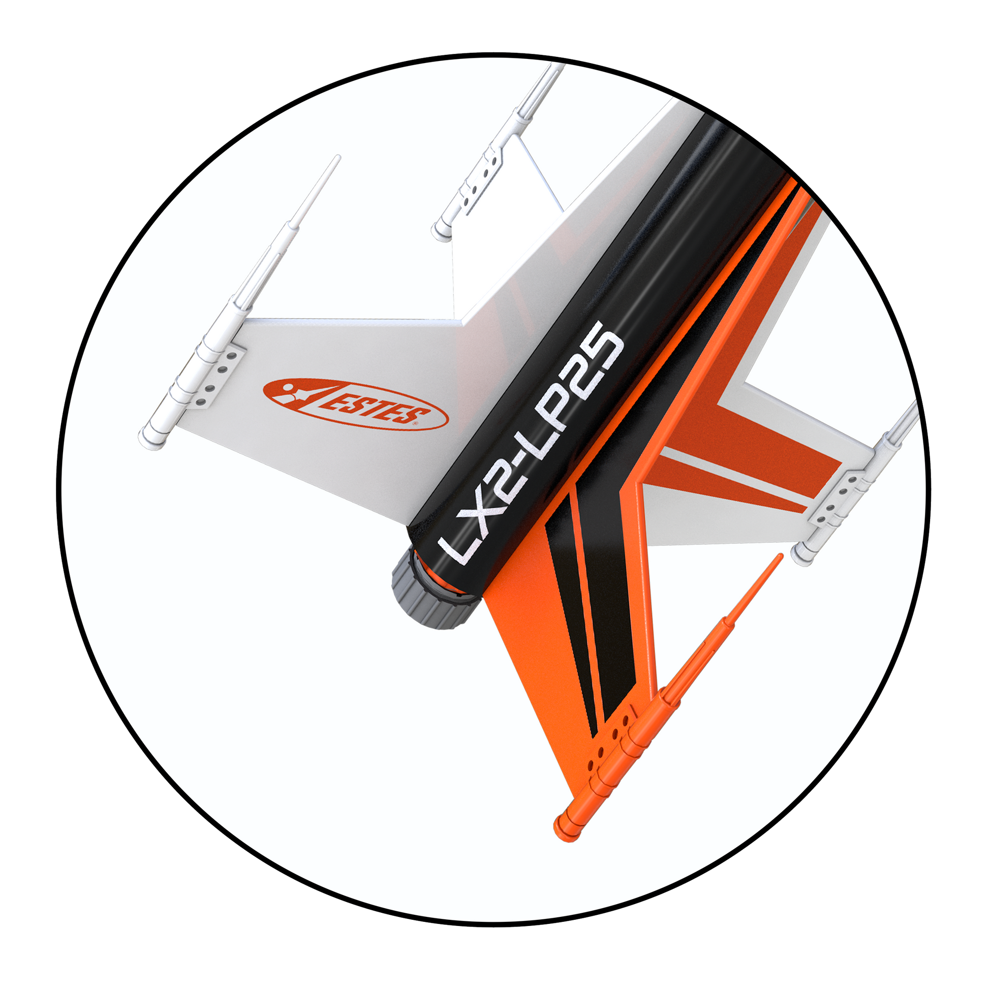 Close-up of Estes Laser X2 laser-cut balsa fins with intricate plastic fin tip details