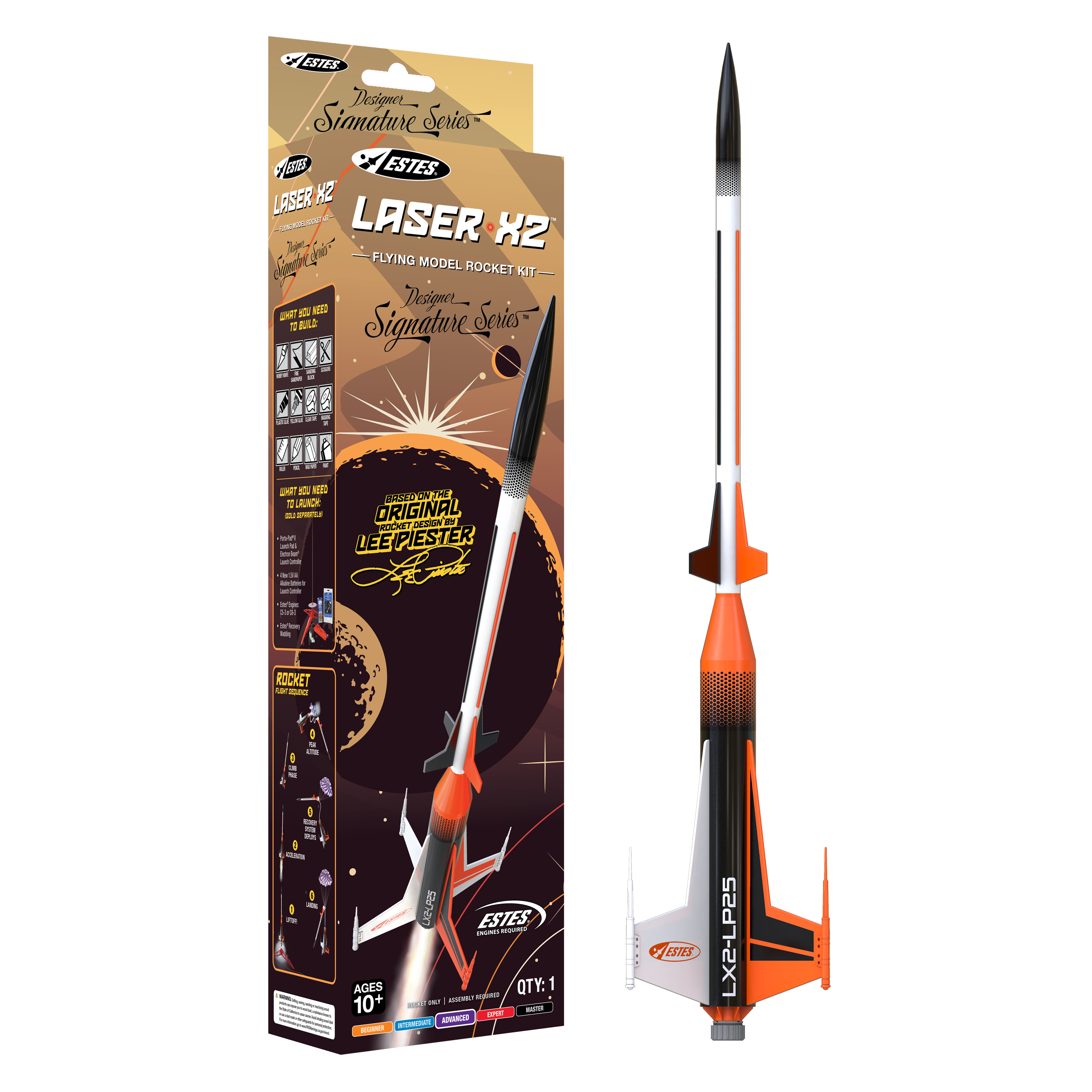 Estes Laser X2 product packaging showing retro-inspired rocket artwork and Designer Signature Series branding
