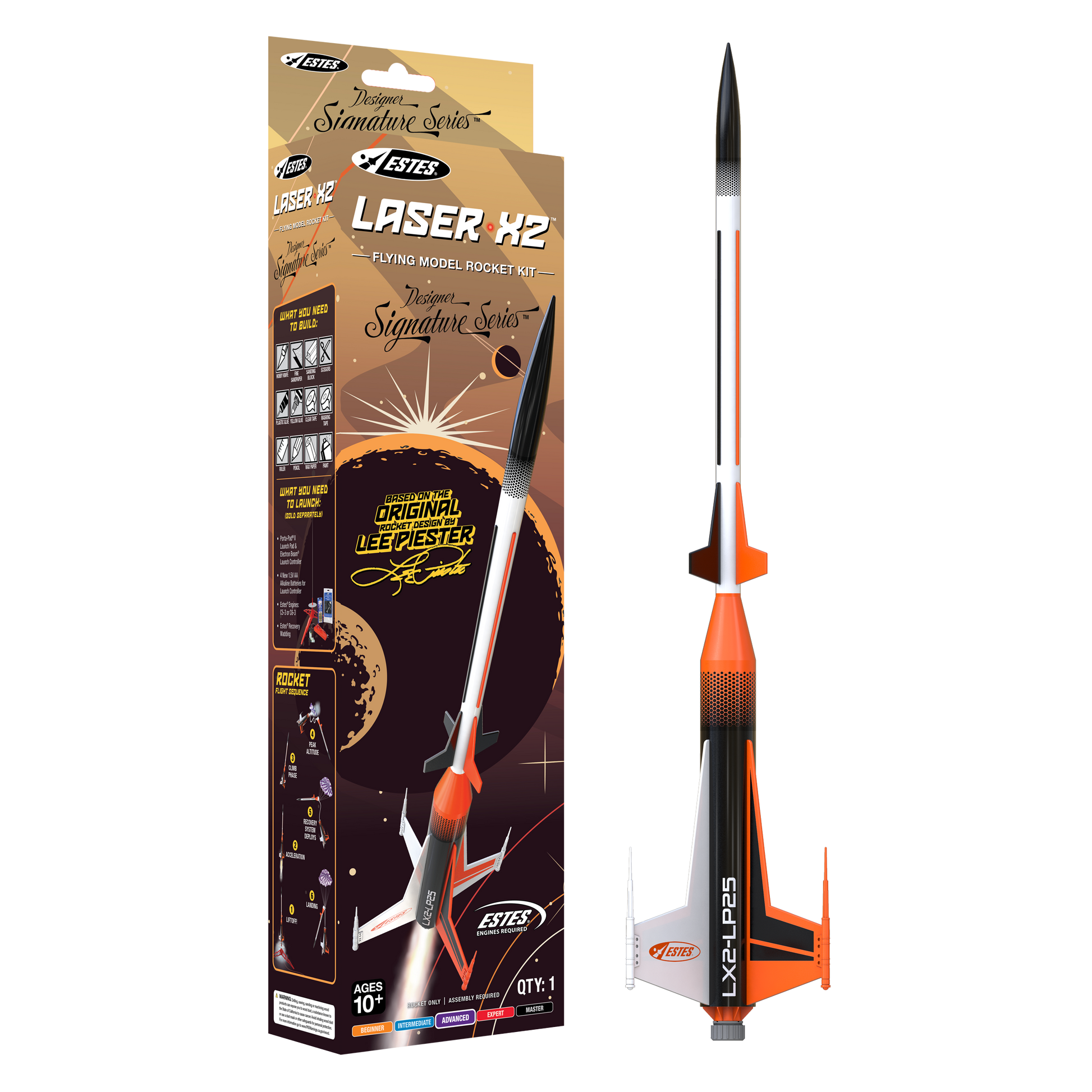 Estes Laser X2 product packaging showing retro-inspired rocket artwork and Designer Signature Series branding