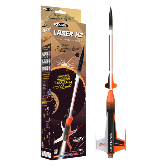 Estes Laser X2 product packaging showing retro-inspired rocket artwork and Designer Signature Series branding