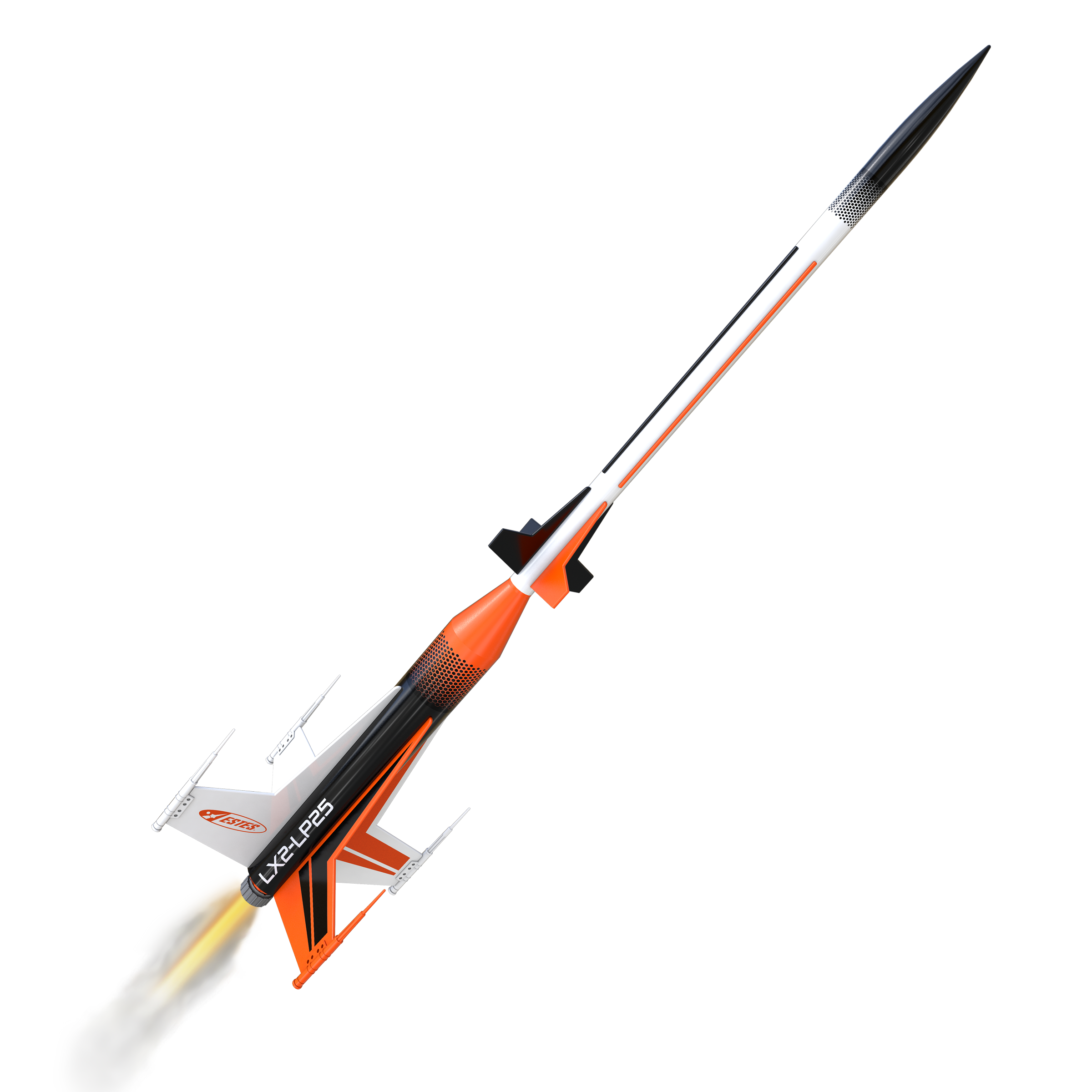 Estes Laser X2 rocket in flight with engine flame and smoke trail during liftoff