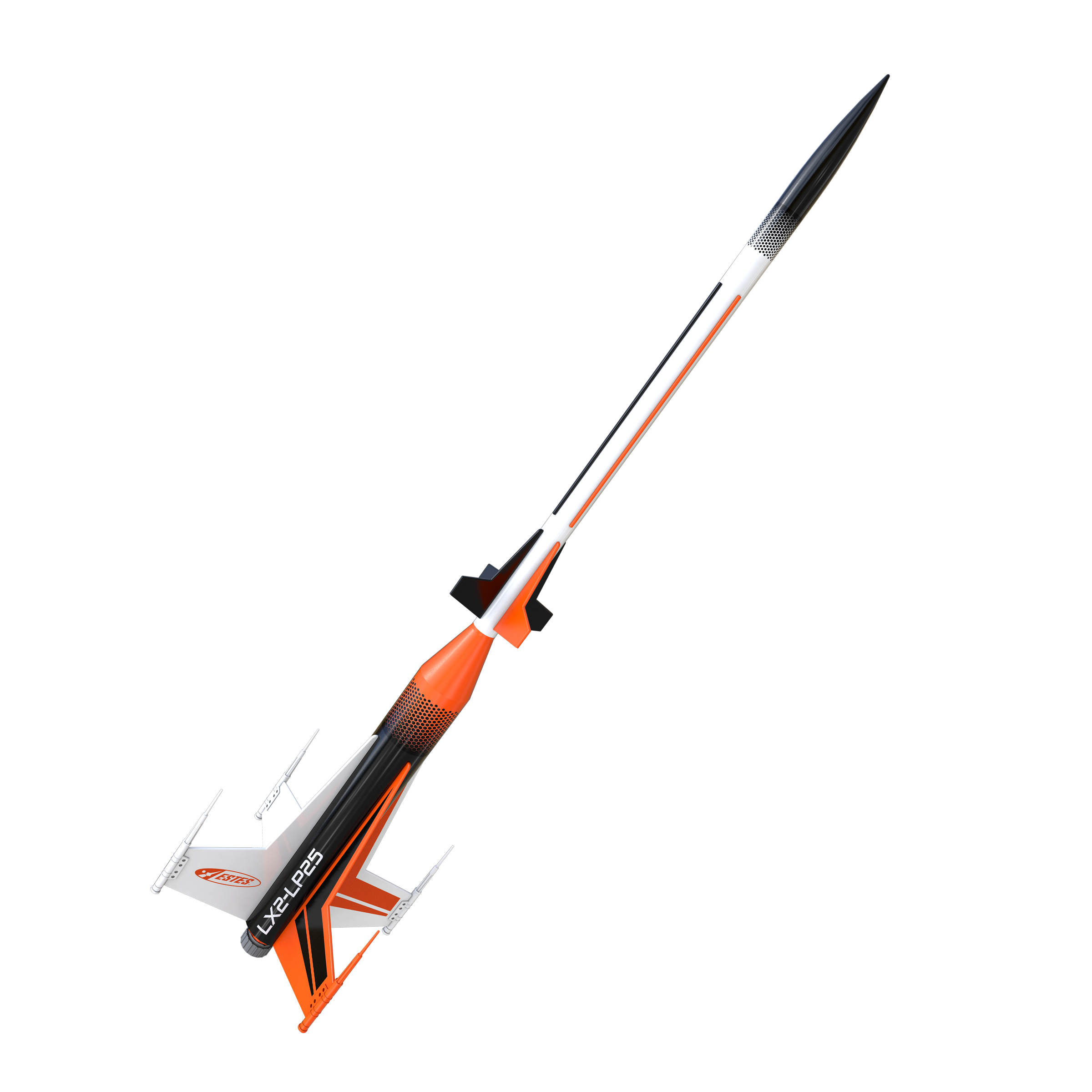 Side view of Estes Laser X2 model rocket highlighting sleek white body and black-and-orange fin details