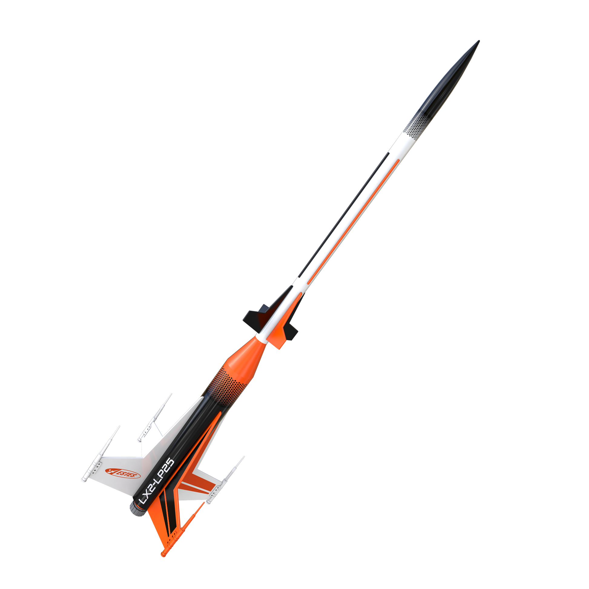 Side view of Estes Laser X2 model rocket highlighting sleek white body and black-and-orange fin details